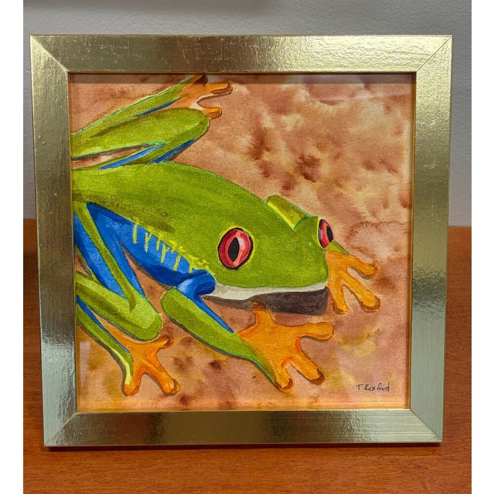 Hand painted watercolor original painting green blue frog (NO FRAME)